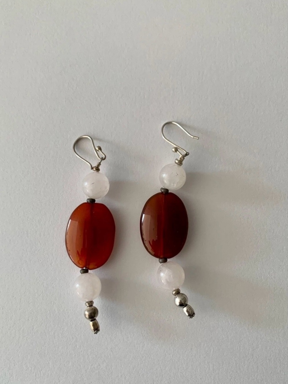 Silver Handcrafted Brown and White Bead Drop Earrings